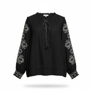 Jennifer & Grace Blouse Women 1X Black Embroidered Boho Tassel Peasant Top